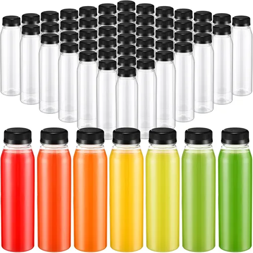 Uiifan - 48 botellas de jugo de 10 onzas con tapas, botellas de plástico a granel con tapas, recipientes vacíos reutilizables transparentes para