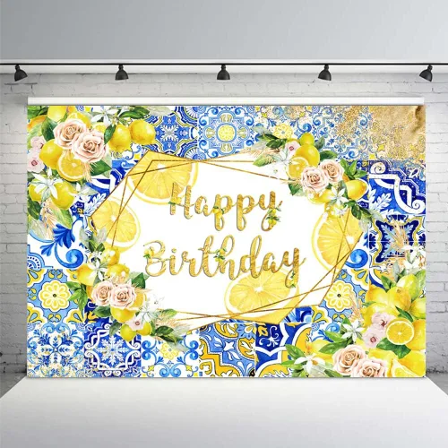 MEHOFOND Telón de fondo de limón con diseño de feliz cumpleaños, azulejos azules, fondo mediterráneo de Marruecos, decoración de fiesta de