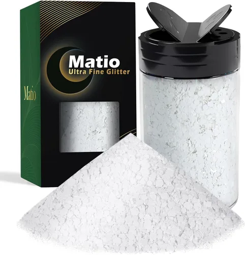 Matio Purpurina gruesa de 7.8 onzas / 7.76 oz de color blanco luna, polvo de purpurina ultrafina, mezcla de copos de PET gruesos, lentejuelas para