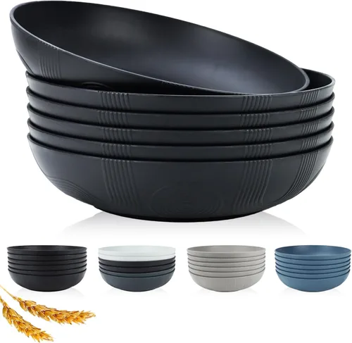 Miniatura 10 de Juego de 6 cuencos grandes para pasta de 10 pulgadas - 65 oz, cuencos de paja de trigo, platos tipo cuenco, cuencos grandes de plástico