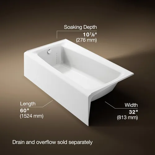 Miniatura 3 de KOHLER 505-0 Mendota - Bañera de hierro fundido de 60 x 32 pulgadas con drenaje izquierdo, bañera con delantal integral y soporte lumbar