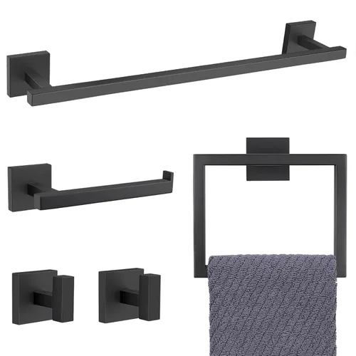 YACVCL Juego de Barra de Toalla Negra de 5 Piezas, Juego de Accesorios de Baño de Acero Inoxidable SUS304, Barra de Toalla de 60 cm, Soporte de