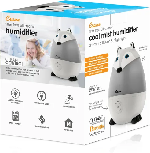 Miniatura 9 de Crane Humidificador ultrasónico de animales de niebla fría para dormitorio y guardería de niños, ajustable de 0.5 galones, apagado automático, zorro
