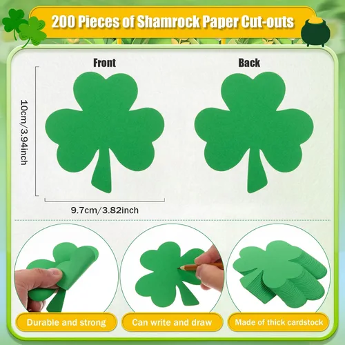 Miniatura 2 de MixTeach 200 recortes de trébol del día de San Patricio de 4 pulgadas con forma de trébol de papel verde de 3 hojas troqueladas para fiesta