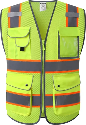 Miniatura 24 de JKSafety Chaleco de seguridad frontal con cremallera de alta visibilidad de 9 bolsillos de color dual MESH Lite Tira reflectante con ribete