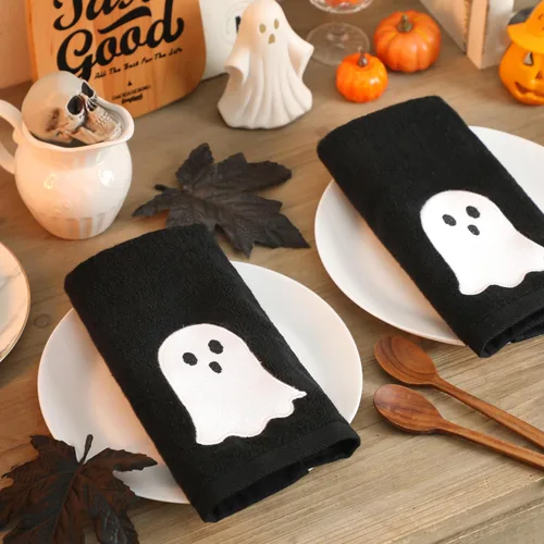 Miniatura 4 de Juego de 2 toallas de mano de Halloween, 100% algodón bordado negro y blanco fantasma, toallas de cocina y baño, 14 x 29 pulgadas