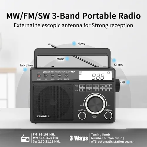 Miniatura 2 de TOMASHI Radio FM portátil de onda corta MW con Bluetooth, sintonización ATS, reloj y alarma, grabación, reproducción de MP3/WMA a través de tarjeta