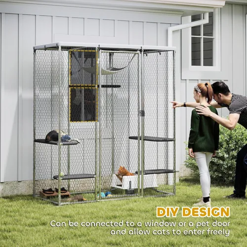 Miniatura 8 de PawHut Catio - Caja grande para gatos al aire libre, patio para gatos de acero galvanizado para múltiples gatitos, jaula para gatos al aire libre