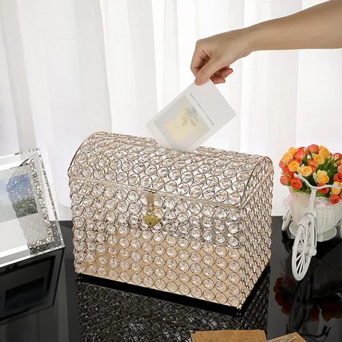 Miniatura 3 de ELLDOO Caja de tarjetas de boda de cristal con cierre de corazón, 12.6 x 6.3 x 9.4 pulgadas, caja de tarjetas de dinero estilo cofre del tesoro
