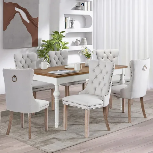 Miniatura 70 de SoarFlash Juego de 2 sillas de comedor de tela de lino, sillas de comedor tapizadas con ribete de cabeza de clavo y patas de madera de color claro