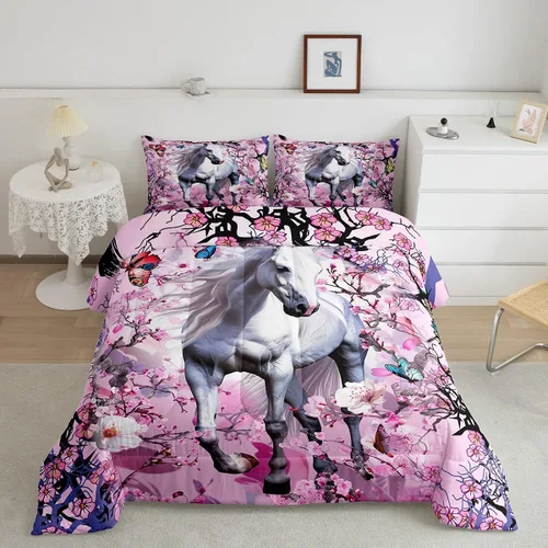 Miniatura 10 de Feelyou Juego de edredón tamaño individual con diseño de caballo y cerezo en flor de galope para niños, adolescentes, edredón occidental, decoración