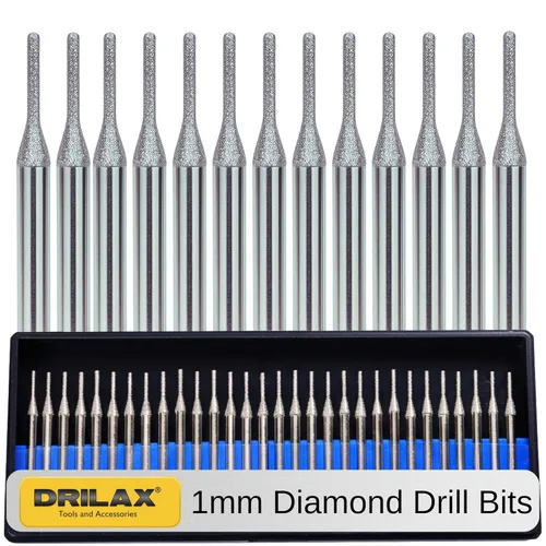 Drilax Juego de 30 brocas de diamante de 0.039 pulgadas (0.039 in), vástago de 1/8 compatible con herramientas rotativas Dremel, brocas de diamante