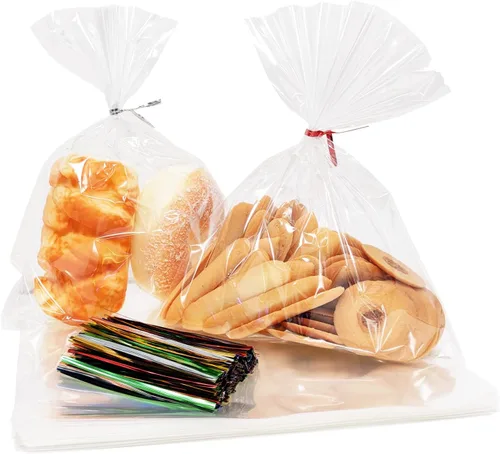 100 bolsas de celofán de 8 x 10 pulgadas, bolsas transparentes para golosinas con lazos giratorios de 4 pulgadas, bolsas de plástico para