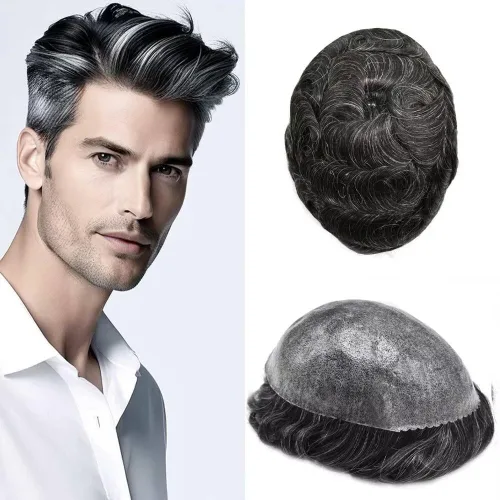 Miniatura 113 de Peluca completa de poliuretano para hombre, sistemas de reemplazo de cabello humano, piel fina y duradera, para hombre, prótesis de cabello