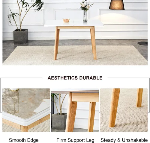 Miniatura 4 de Mesa de piedra sinterizada de imitación mármol blanco con patas de madera de goma, escritorio plegable para computadora, escritorio de oficina