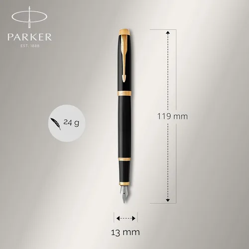 Miniatura 3 de Parker IM - Bolígrafo estilográfico, laca negra con borde dorado, punta fina, repuesto de tinta azul, elegante caja de regalo