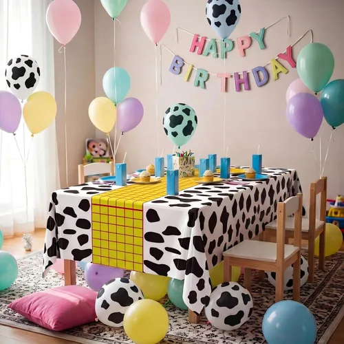 Miniatura 4 de Hosuly 6 Pcs Story Tablecloth Story Birthday Party Decorations Cow Printed Table Cover Boy Baby Shower Decorations Cartoon Inspired Party Supplies