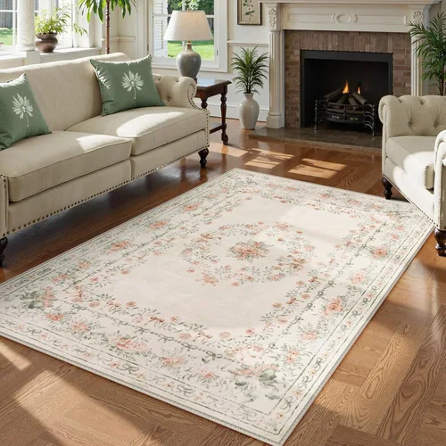 Miniatura 8 de Wonnitar Alfombra lavable con lazo floral de 5 x 7 pies, ultrafina, color beige, para dormitorio, alfombra bohemia que no se desprende, neutra