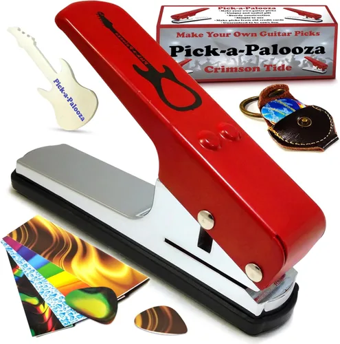 Miniatura 8 de Pack de regalo Pick-a-Palooza DIY para punzón de púa de guitarra - Fabricante de púas premium con llavero de cuero, 4 tiras y una lima - Negro
