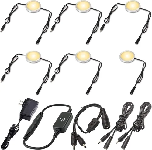 Kit de iluminación para vitrinas, luces LED redondas enlazables debajo del gabinete, carcasa de lámpara de aluminio de perfil bajo de 0.3 pulgadas,