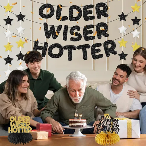 Miniatura 6 de Older Wiser Hotter - Kit de decoración de pancartas preencordadas para hombres y mujeres, guirnalda de estrellas con purpurina dorada negra y dorada