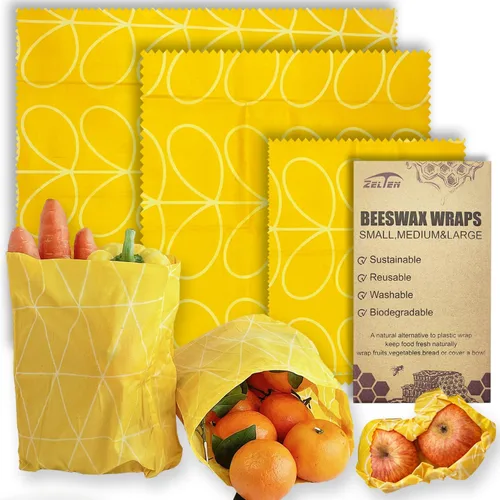 Miniatura 28 de Zelten Envolturas reutilizables de cera de abejas (3 paquetes, 3 tamaños S, M, L) sin plástico y silicona, envoltura ecológica, papel de cera