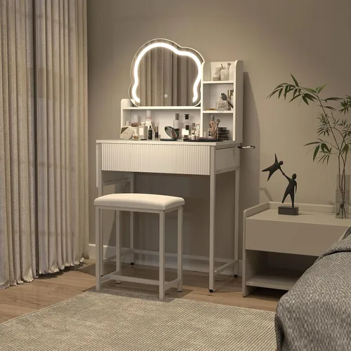Miniatura 7 de YOURLITE Escritorio de tocador con espejo y luces, juego de tocador de maquillaje acanalado con silla y cajones para espacios pequeños, tocador