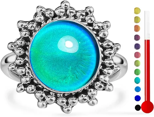 Anillo redondo de cristal que cambia de color con control de temperatura, plata esterlina S925, piedra preciosa de cristal retro, bohemio,