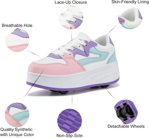 Miniatura 3 de Zapatillas de patinaje con ruedas desmontables para niños y niñas, calzado deportivo Blanco/Morado