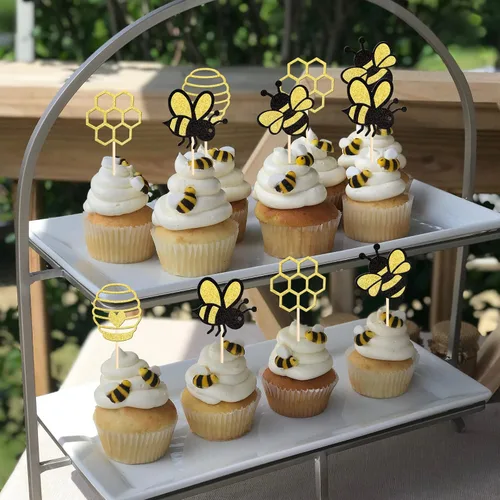 Miniatura 5 de 36 piezas de palillos decorativos para cupcakes de abejorros con corazones de purpurina y panal de abeja, decoraciones de pastel para baby shower