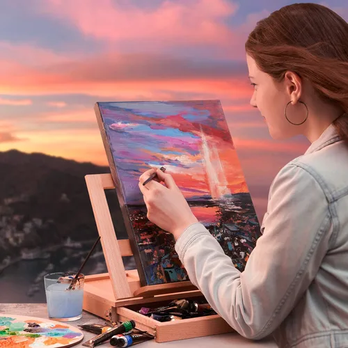 Miniatura 6 de Arteza Juego de arte acrílico, incluye caballete de mesa, 12 tubos de pintura acrílica, papel de paleta, 10 pinceles, almohadillas de lienzo