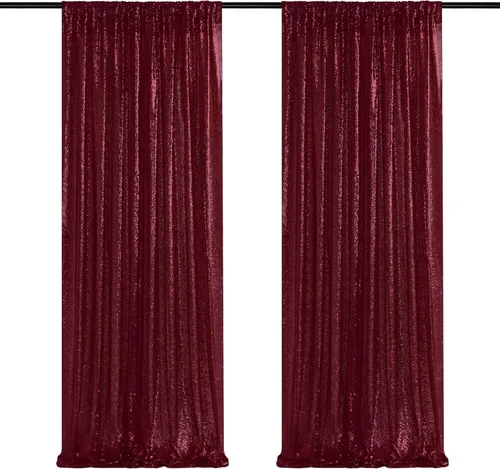 Cortinas tipo telón de fondo de lentejuelas color burdeos, 2 paneles de 2 x 8 pies, cortinas de fondo con purpurina para decoración de fiesta de