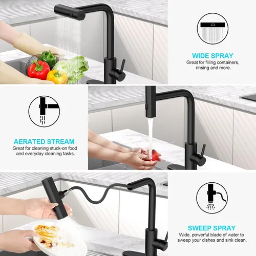 Miniatura 2 de AVSIILE Grifos de cocina en cascada de color negro mate con rociador desplegable y dispensador de jabón, un solo orificio y mango, grifo extraíble