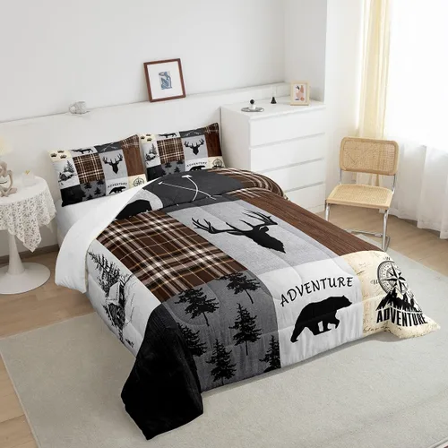 Miniatura 6 de Juego de edredón de cuernos de ciervo tamaño individual, juego de ropa de cama rústica de granja con huellas de oso y pinos para decoración