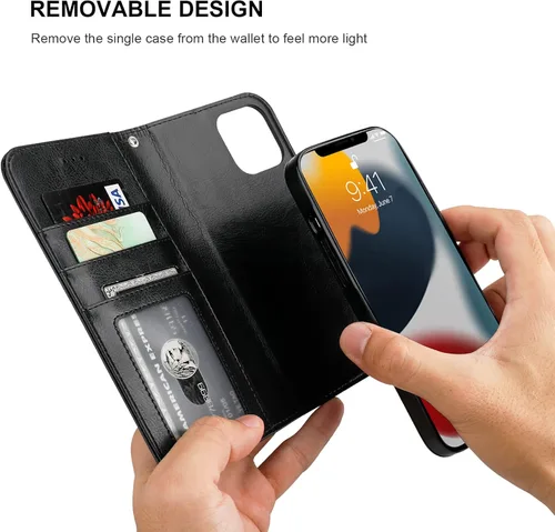 Miniatura 4 de Bocasal Funda tipo cartera desmontable para iPhone 13 Pro Max con bloqueo RFID, ranuras para tarjetas, soporte de cuero PU premium, soporte Negro