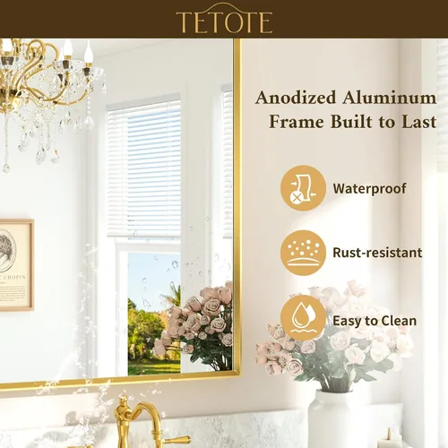 Miniatura 8 de TETOTE Espejo de Baño Dorado de 16" x 20" Latón Dorado Cepillado Rectangular con Marco Biselado Espejo de Tocador de Baño para Sobre el Lavabo
