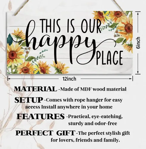 Miniatura 2 de Letrero decorativo de madera con temática de girasol, «This Is Our Happy Place», decoración de placa de madera impresa para colgar, letrero rústico