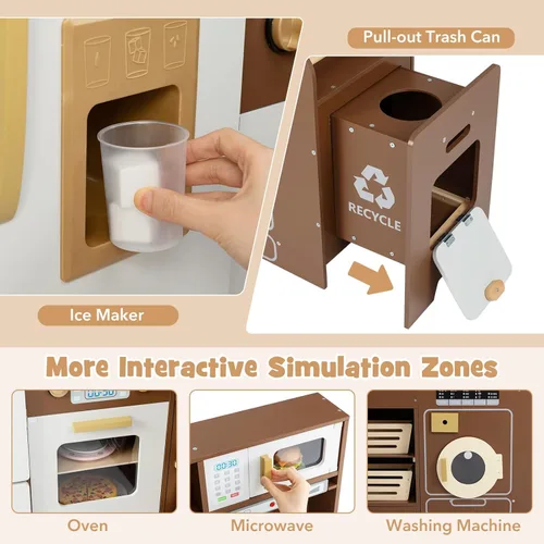 Miniatura 6 de Costzon Juego de Cocina de Esquina, Set de Juguetes de Cocina con Luces y Sonidos Reales, Refrigerador Grande, Máquina de Hielo, Horno, Microondas