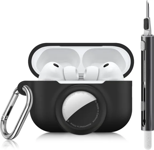 Funda para AirPods Pro 3 y AirTag 2 en 1, funda de silicona para AirPods Pro 3, accesorios con kit de limpieza y mosquetón, color negro