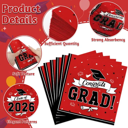 Miniatura 3 de Paquete de 50 servilletas de graduación para la clase de 2026, 6.5 x 6.5 pulgadas, servilletas de graduación rojas, pañuelos de papel clásicos