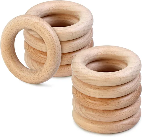Miniatura 25 de FoDau770 5 anillos de madera de haya natural, anillos de madera maciza sin terminar, círculos de madera resistente, círculos de macramé