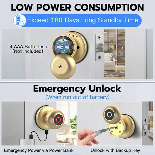 Miniatura 6 de eLinkSmart Cerradura de puerta de huella dactilar, perilla inteligente de puerta de bola con llave sin llave para puerta de entrada para dormitorio