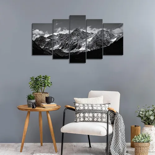 Miniatura 4 de Lienzo decorativo para pared, diseño de montaña en blanco y negro, paisaje de montaña, 5 piezas, impresiones sobre lienzo, arte moderno con marco