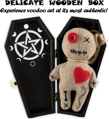 Miniatura 2 de Ayidawedo® Kit auténtico de muñeca vudú LOA incluye cartas de hechizos y alfileres para aliviar el estrés en caja de ataúd de madera - Juego