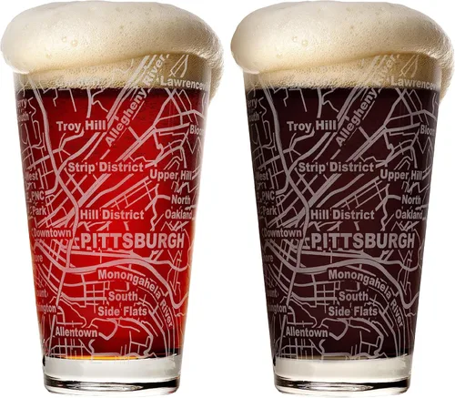 Greenline Goods Vasos de cerveza – Juego de vasos de 16 onzas para los amantes de Pittsburgh – Juego de 2 – Grabados con Pittsburgh, PA Map –