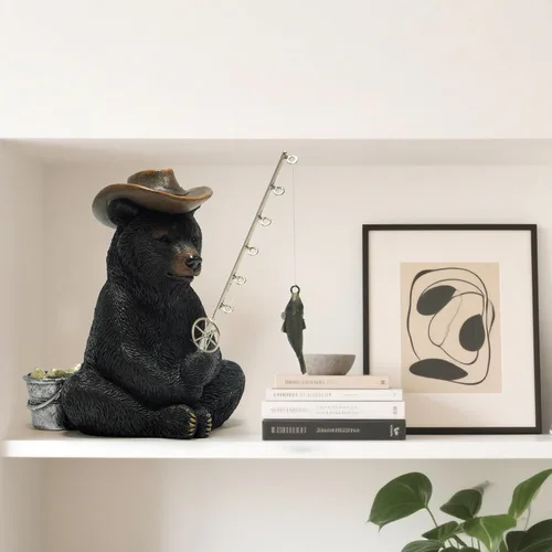 Miniatura 5 de Hodao Figuras de pesca de oso negro, decoración de oso de verano, manualidades para decoración de escritorio de oficina en casa, estatua