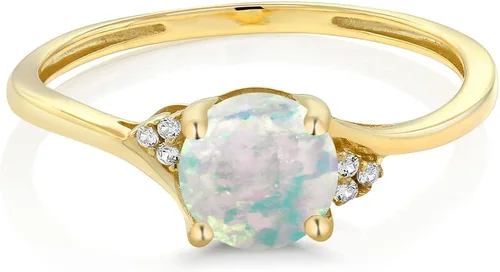 Miniatura 2 de Gem Stone King Anillo de compromiso para mujer de oro amarillo de 10 quilates con acento de ópalo simulado y diamante