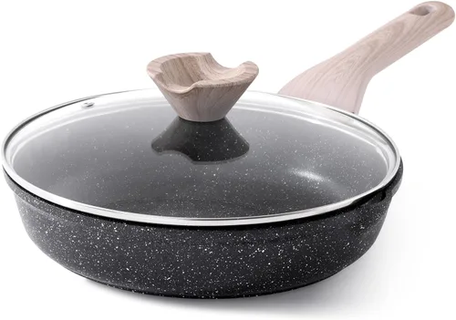 Kordisen - Sartén antiadherente con tapa, sartén de 9.5 pulgadas de granito para huevos y tortillas, saludable y no tóxica, compatible con Granito