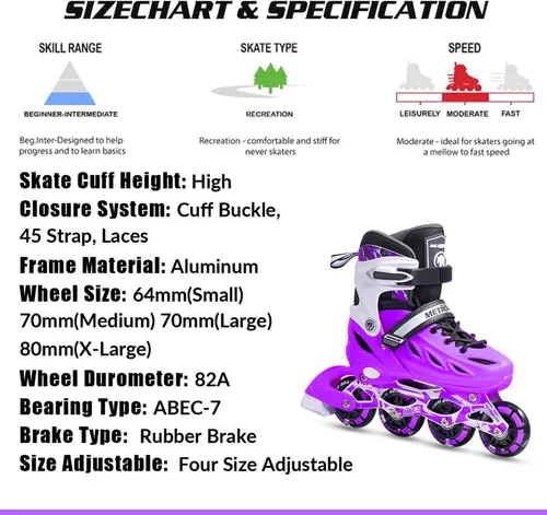 Miniatura 2 de METROLLER Patines en línea para niñas y niños, mujeres, hombres, 4 tallas ajustables, patines en línea con ruedas que se iluminan, patines Púrpura
