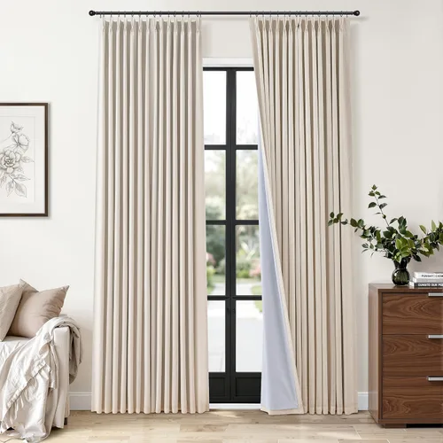 Miniatura 11 de Cortinas opacas plisadas de lino beige y blanco de 90 pulgadas de largo para dormitorio o sala de estar, juego de 2 paneles, oscurecimiento